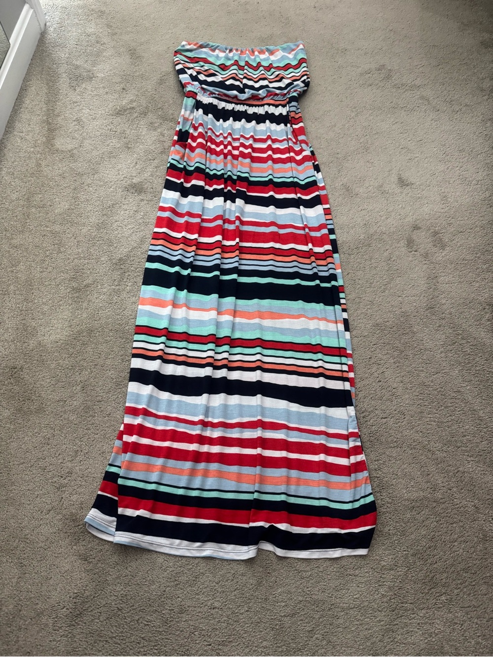 Trixxi Strapless Dress with Navy, Red, Mint & White Stripes